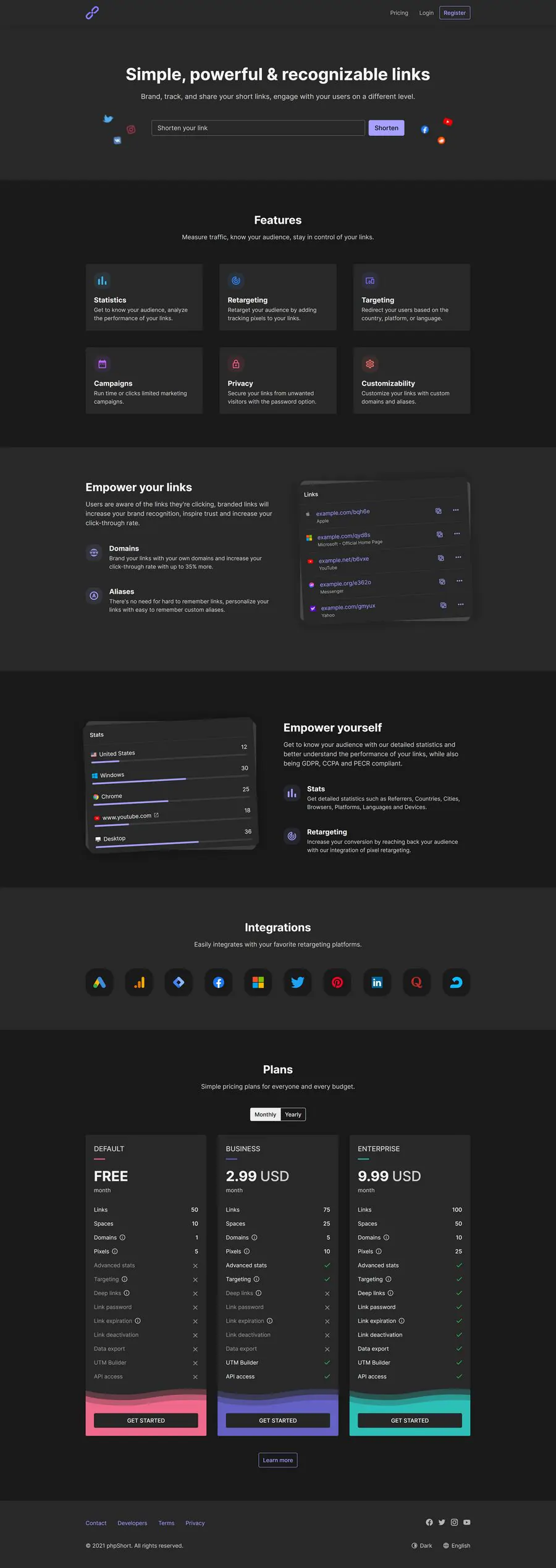 looShort multilingual URL shortener SaaS dashboard and link analytics interface