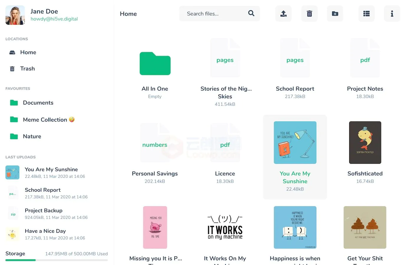 LooFileManager private cloud storage SaaS dashboard and file manager interface