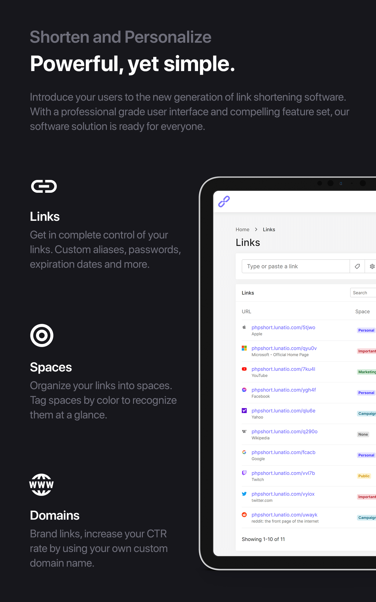 looShort URL shortener SaaS dashboard screenshot 1