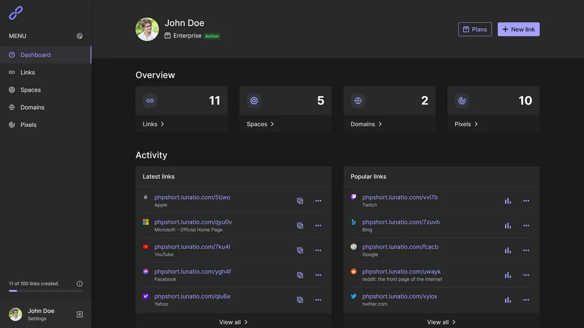 looShort multilingual URL shortener SaaS dashboard and link analytics interface