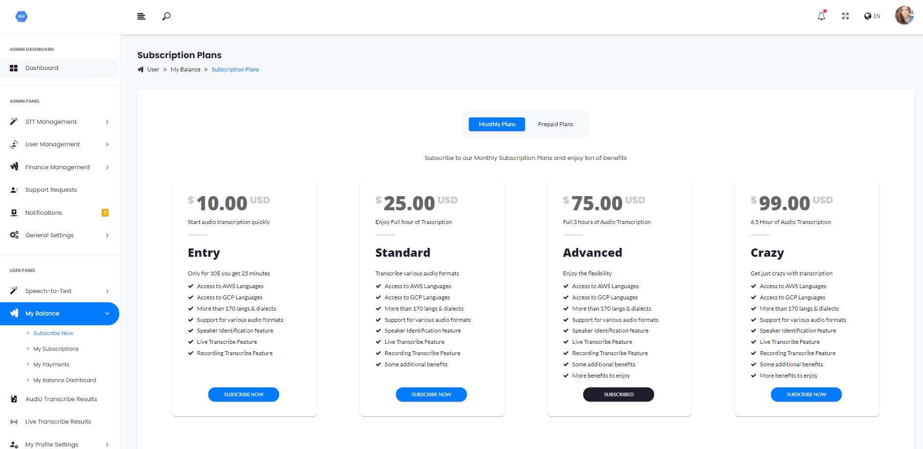CloudSTT speech-to-text SaaS dashboard and transcription interface