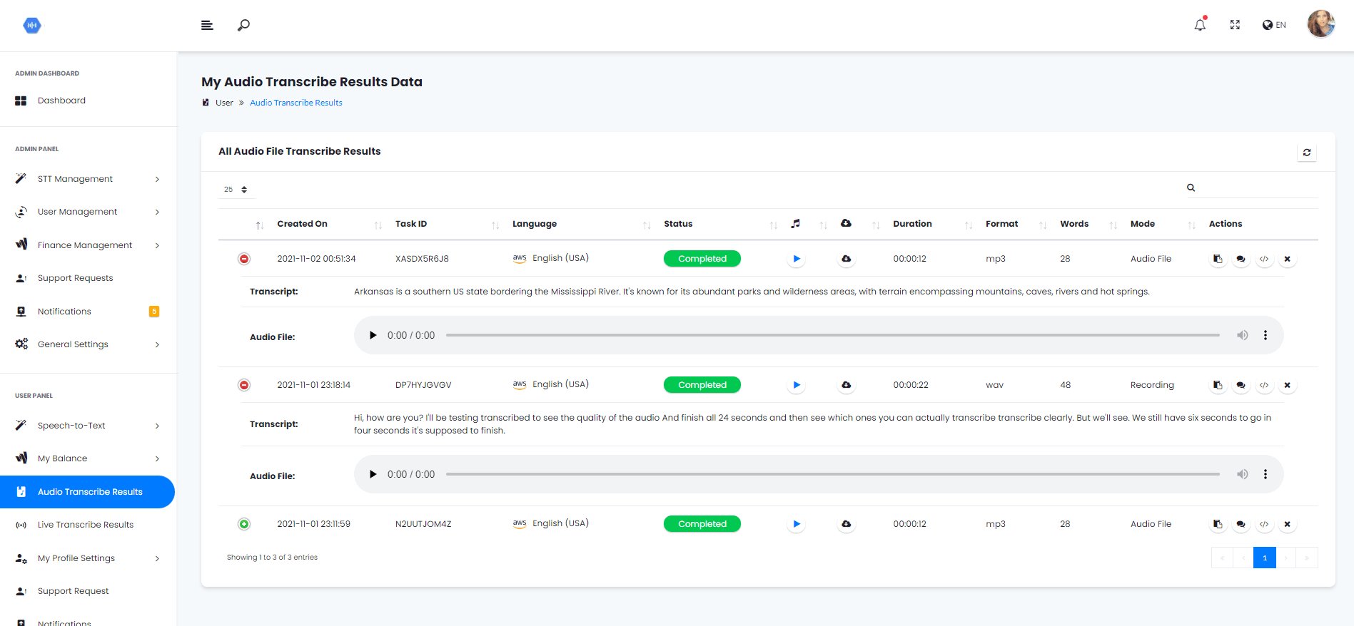 CloudSTT speech-to-text SaaS dashboard and transcription interface