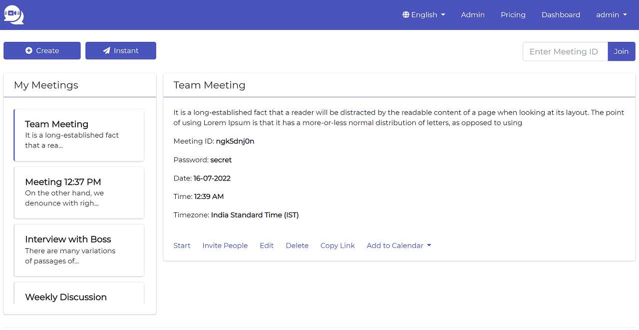 LiveMeet self-hosted WebRTC live streaming and meeting dashboard