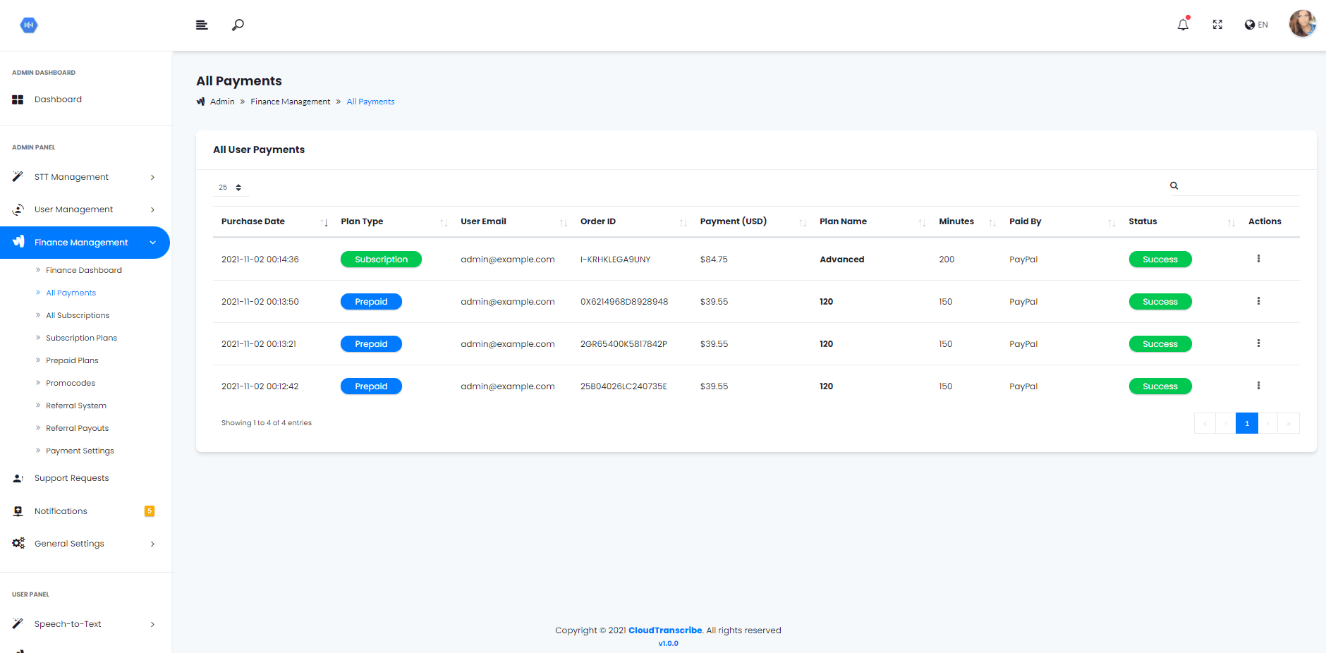 CloudSTT speech-to-text SaaS dashboard and transcription interface