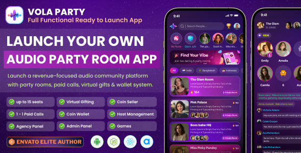 Vola Party is a production-ready Audio Party Room & Voice Community application designed for entrepreneurs, startups, and agencies who want to launch a monetized audio social platform quickly and efficiently.  Vola Party allows you to create a platform wh